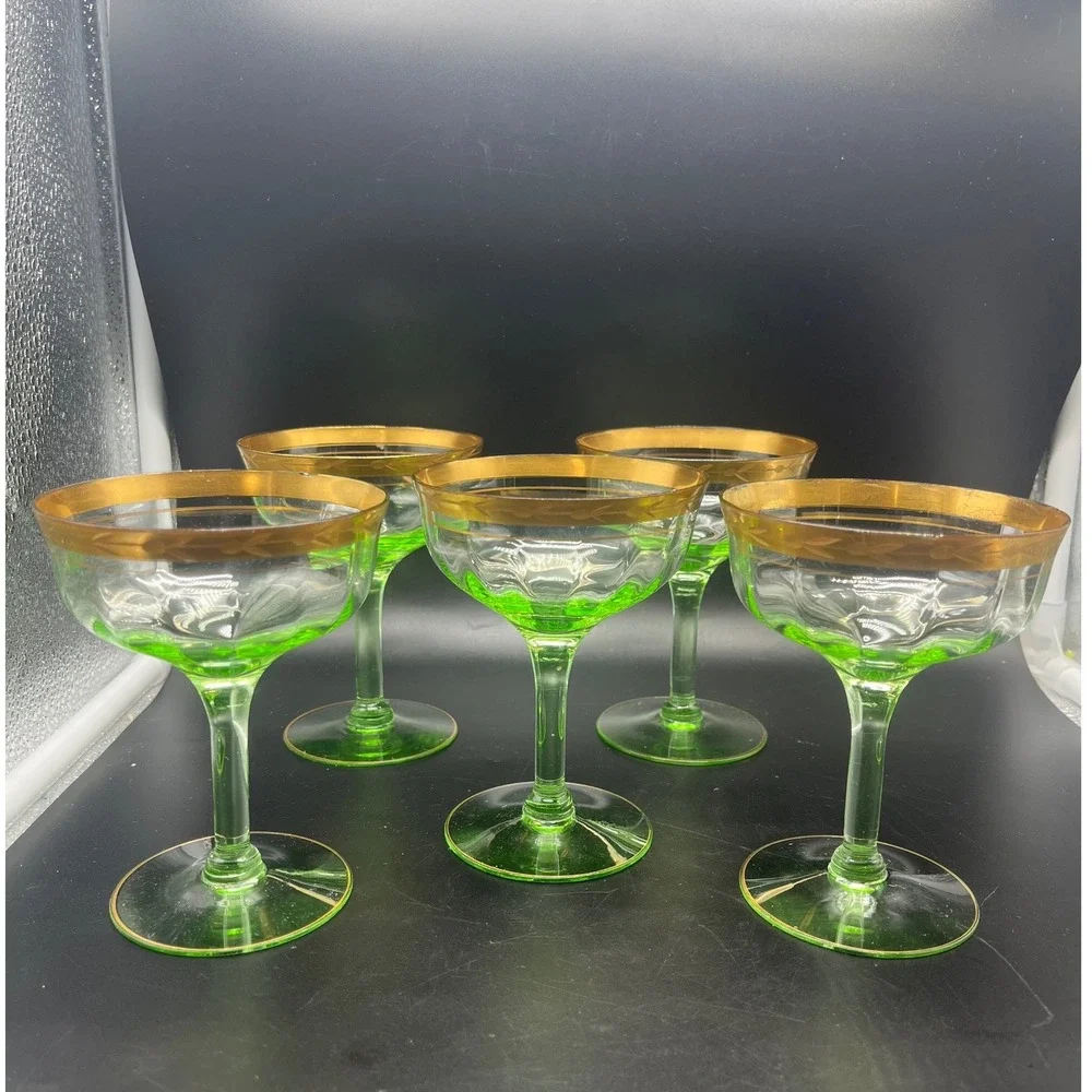 Vtg‎ Gold Rimmed Green Cocktail sherbet Glasses Vaseline Uranium 30's set 5 READ